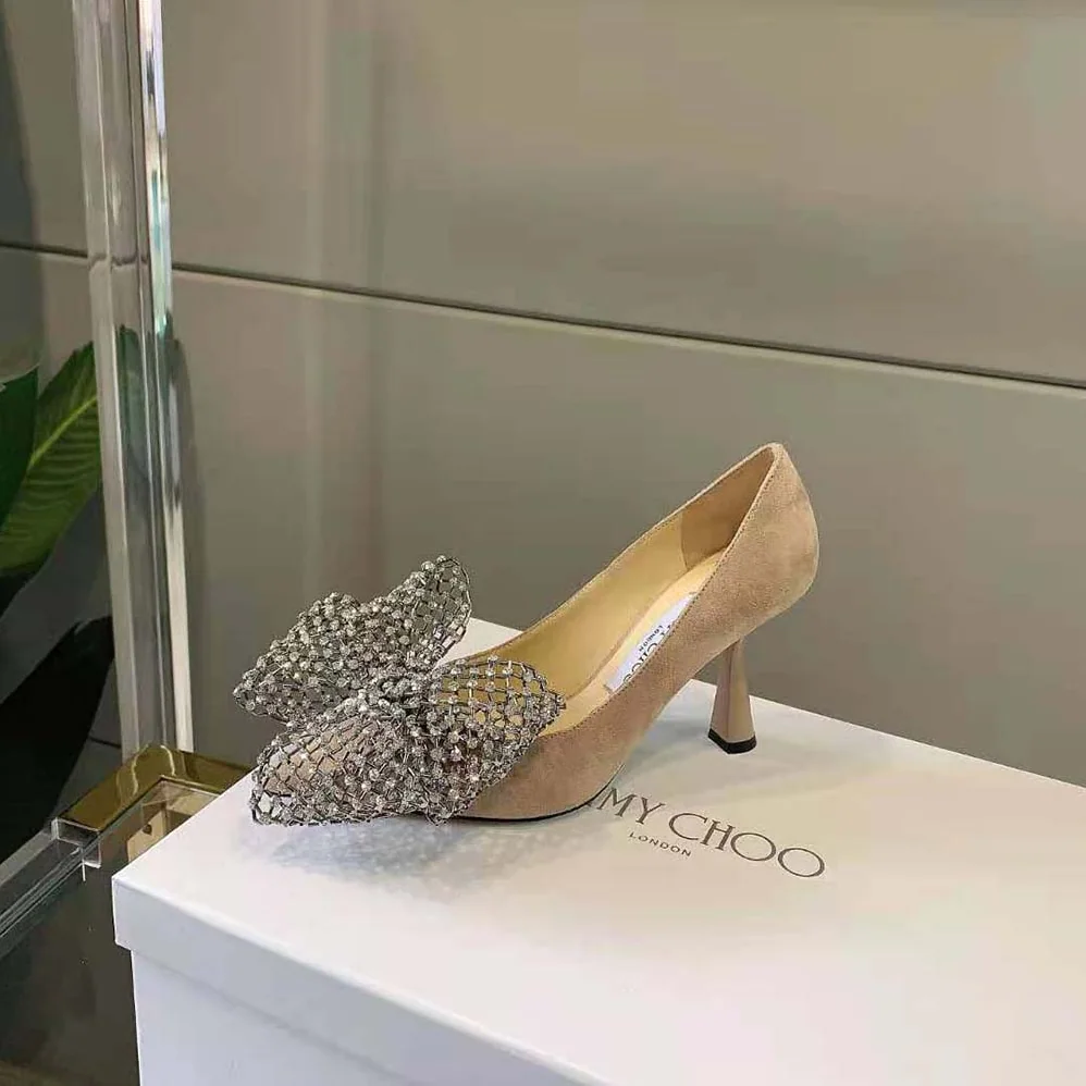 Jimmy Choo Seka 100 Ballet Pink Suede Pumps with Crystal Bow Clasp for Women