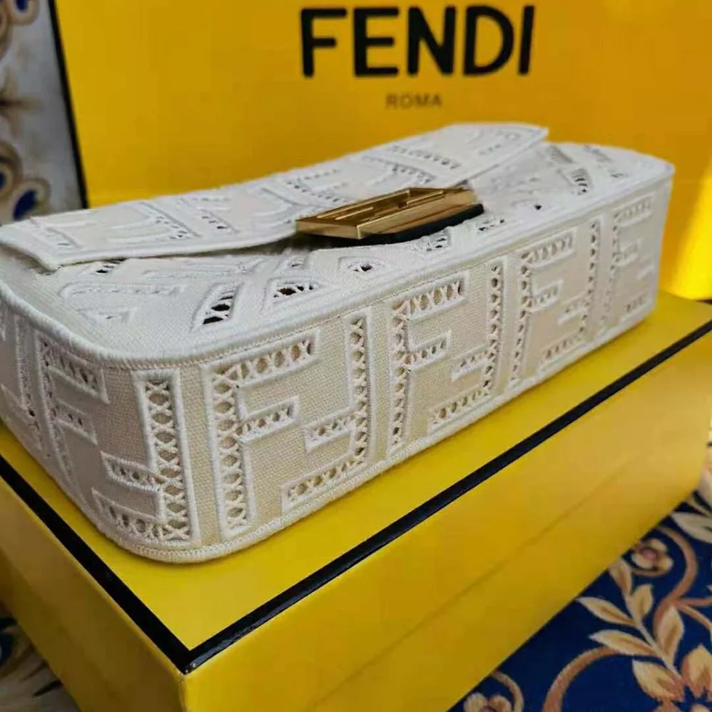 Fendi Baguette Canvas Bag with Embroidery for Women in White Fendi Baguette Canvas Bag with Embroidery for Women in White