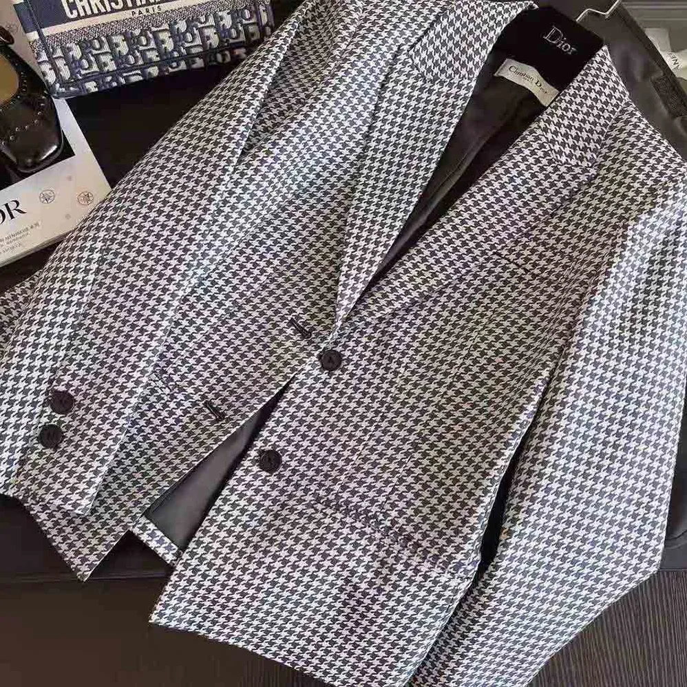 Dior Fitted Jacket Black and White Wool Twill and Silk with Micro Houndstooth Motif for Women