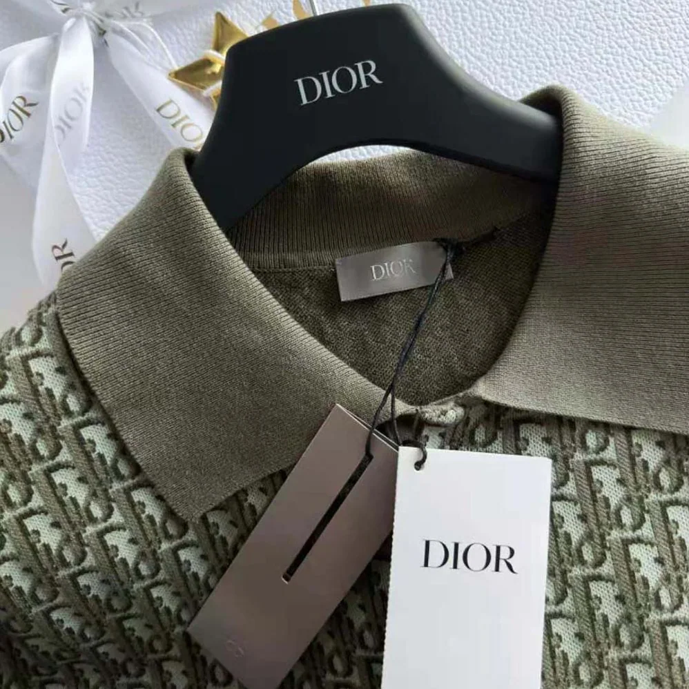 Dior Oblique Polo Shirt Khaki Cotton Jacquard for Men