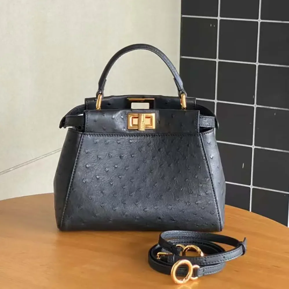 Fendi Peekaboo Iconic Mini Black Ostrich Leather Bag for Women