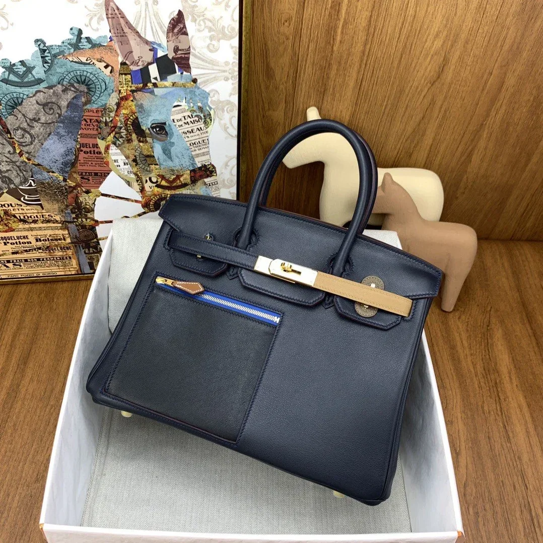 Hermes Birkin Colormatic Top Handle Bag / Navy Blue Gold Toned Hardware