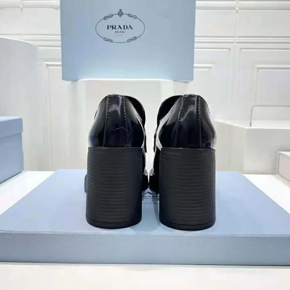 Prada Chocolate High for Women in Heeled Brushed Leather Loafers Prada Chocolate High for Women in Heeled Brushed Leather Loafers