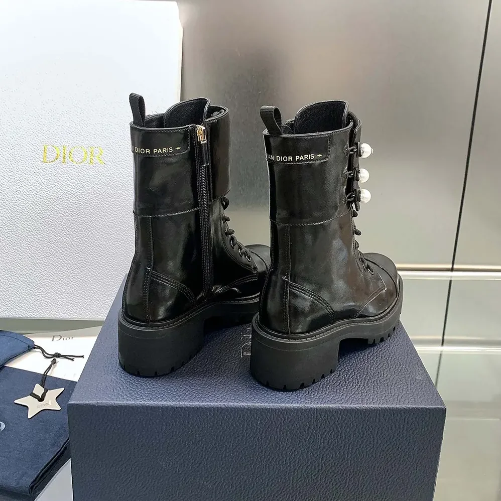 Dior D-Strike Ankle Boot Black Matte Calfskin and White Resin Pearls for Women Dior D-Strike Ankle Boot Black Matte Calfskin and White Resin Pearls for Women