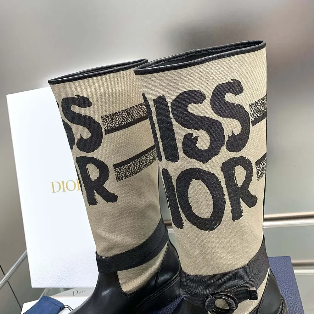 Dior D-Major Boot Warm Taupe Technical Canvas with Black Miss Dior Graffiti Print for Women Dior D-Major Boot Warm Taupe Technical Canvas with Black Miss Dior Graffiti Print for Women