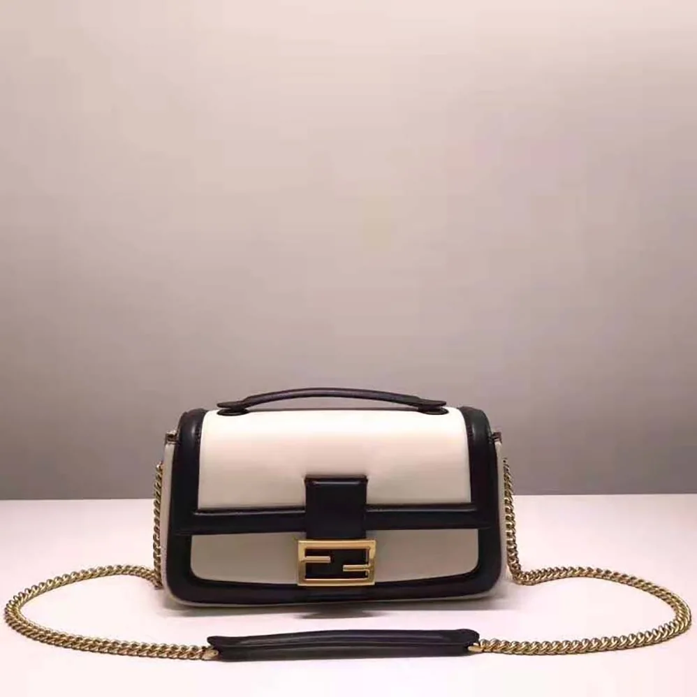 Fendi Baguette Chain Black and White Nappa Leather Bag for Women