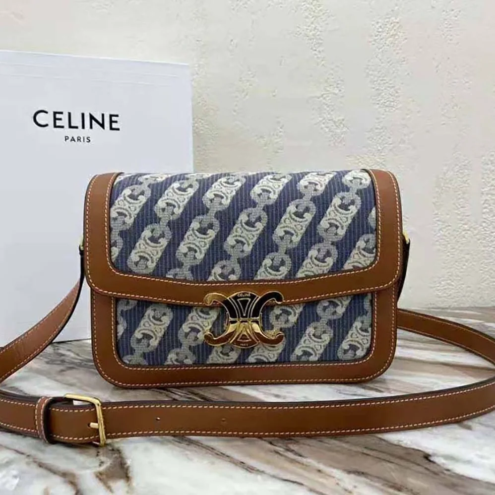 Celine Medium Triomphe Bag in Chaine Triomphe Jacquard and Natural Calfskin for Women Celine Medium Triomphe Bag in Chaine Triomphe Jacquard and Natural Calfskin for Women