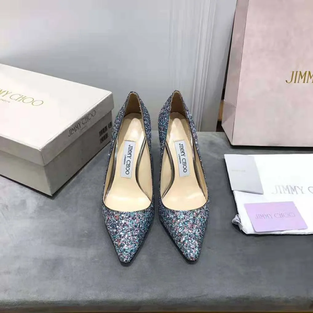 Jimmy Choo Romy 85 Gunmetal Star Coarse Glitter Fabric Pointy Toe Pumps for Women in Black