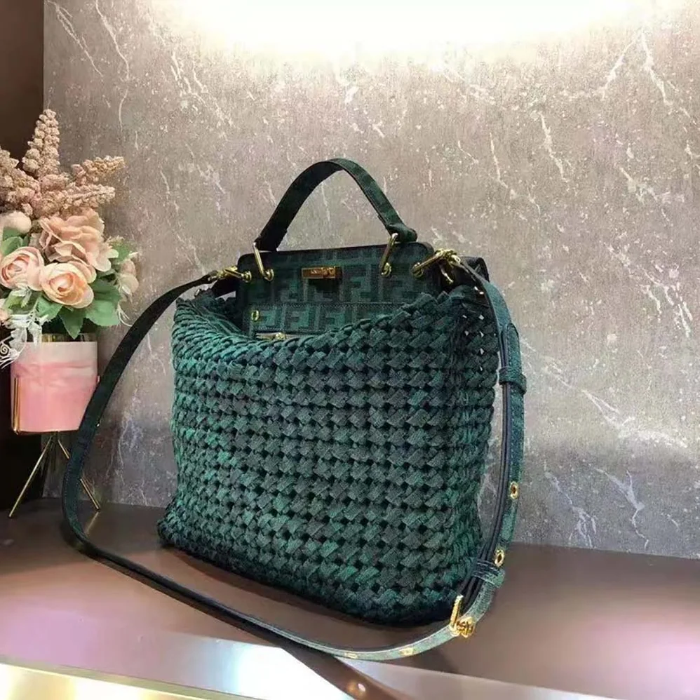 Fendi Peekaboo Iconic Medium Jacquard Fabric Interlace Bag for Women in Dark Green