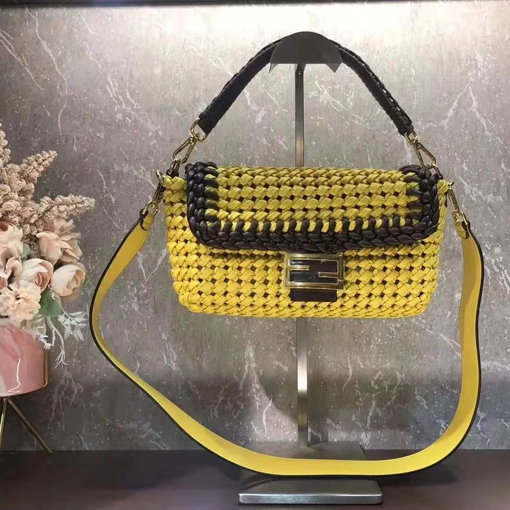Fendi Lconic Medium Baguette Leather Interlace Bag for Women in Yellow
