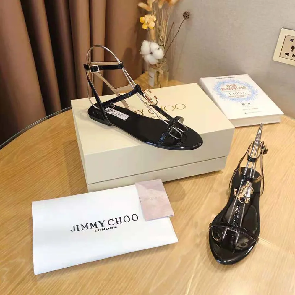 Jimmy Choo Alodie Flat Black Nappa and Patent Leather Flat Sandals for Women Jimmy Choo Alodie Flat Black Nappa and Patent Leather Flat Sandals for Women