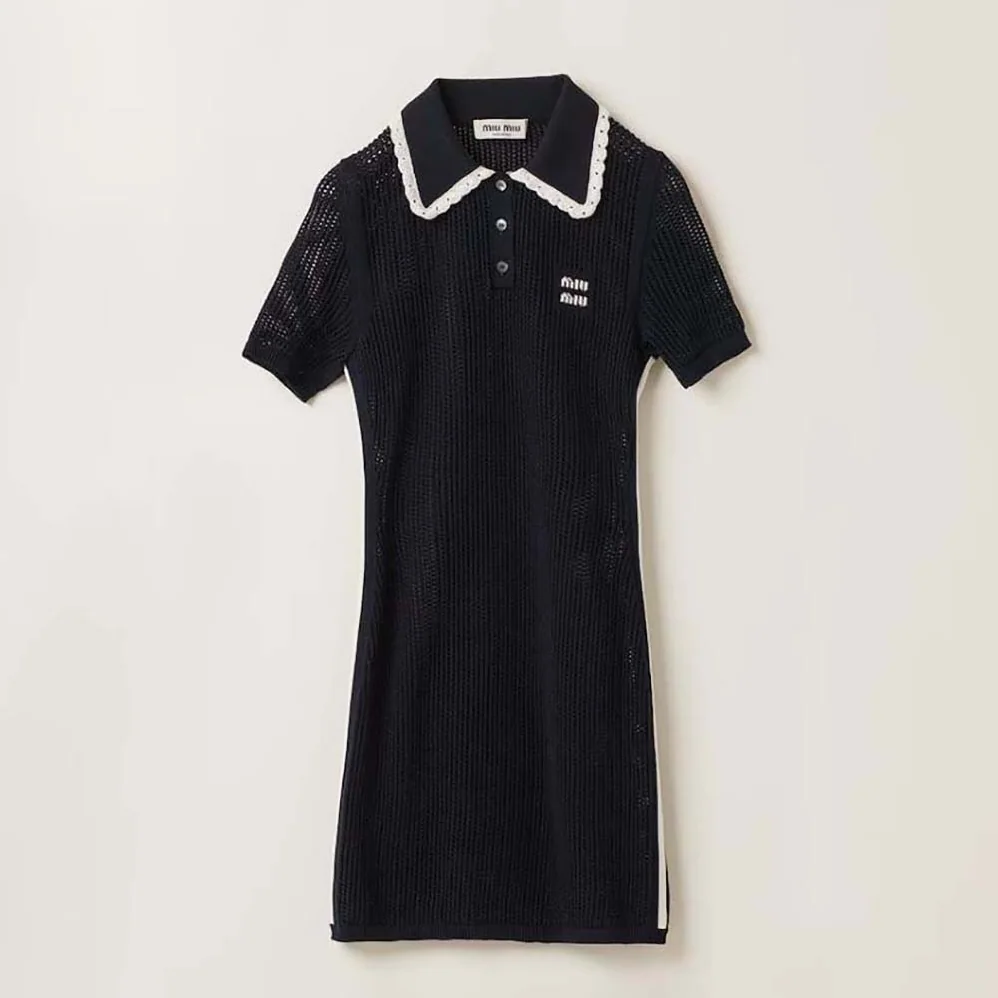 Miu Miu Cotton Knit Dress with Intarsia Logo for Women Miu Miu Cotton Knit Dress with Intarsia Logo for Women