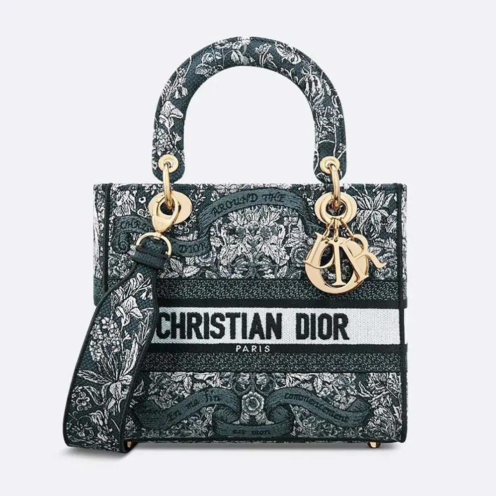 Dior Medium Lady D-Lite Bag Latte Embroidery with Blue Dior Around the World Motif for Women Dior Medium Lady D-Lite Bag Latte Embroidery with Blue Dior Around the World Motif for Women
