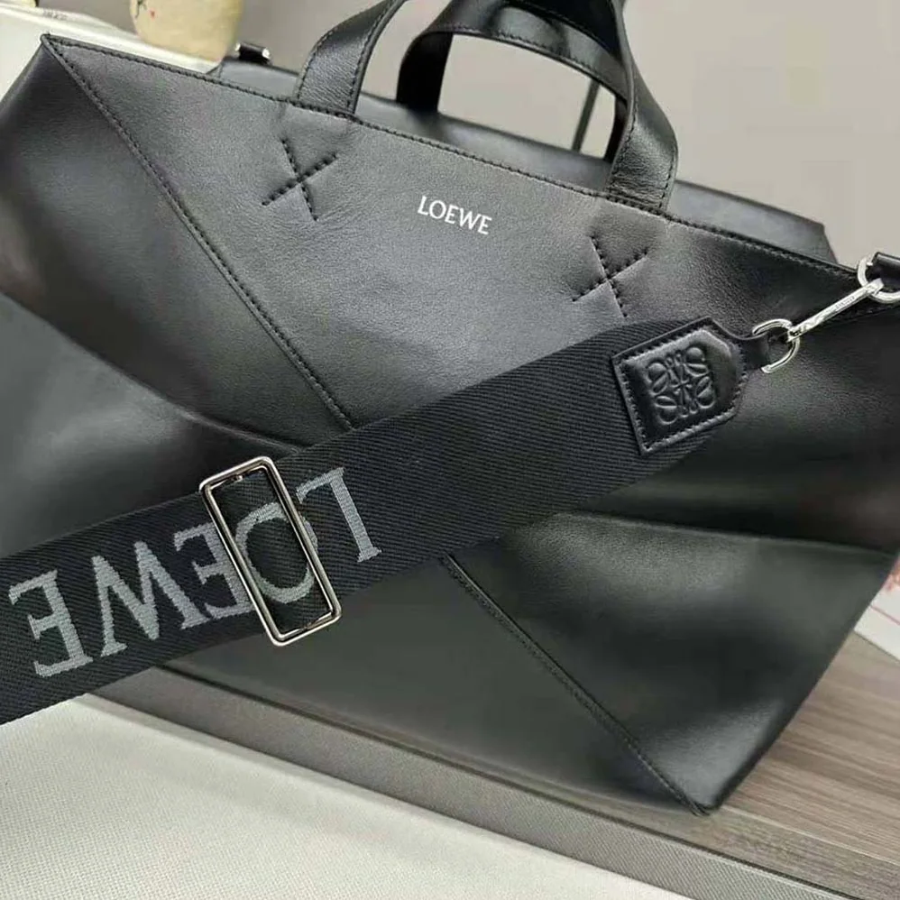 Loewe XL Puzzle Fold Tote in Shiny Calfskin for Men in Black