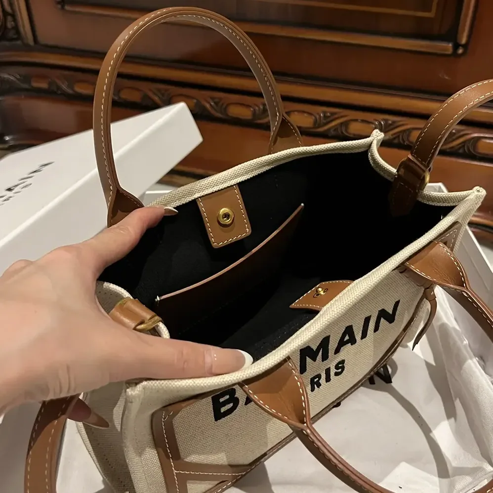 Balmain B-Army Small Canvas Shopping Bag with Leather Inserts for Women Balmain B-Army Small Canvas Shopping Bag with Leather Inserts for Women