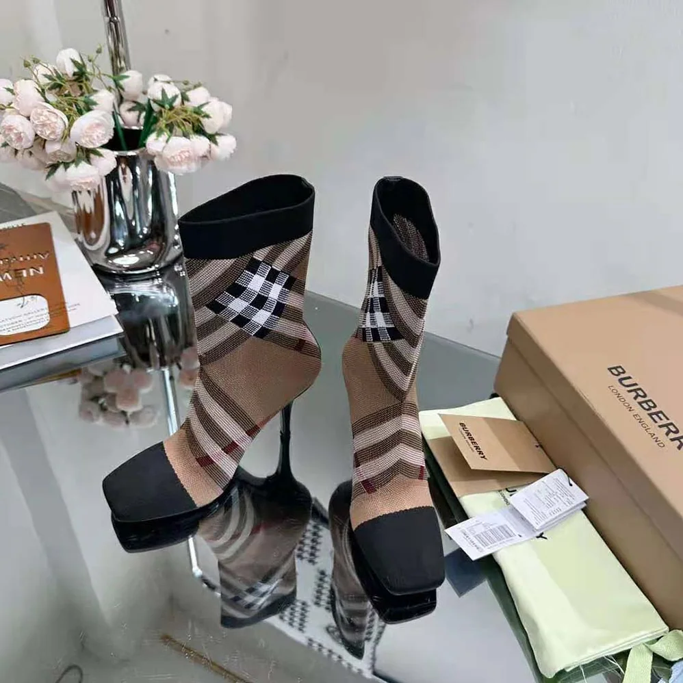 Burberry Knitted Check Sock Boots for Women in Black
