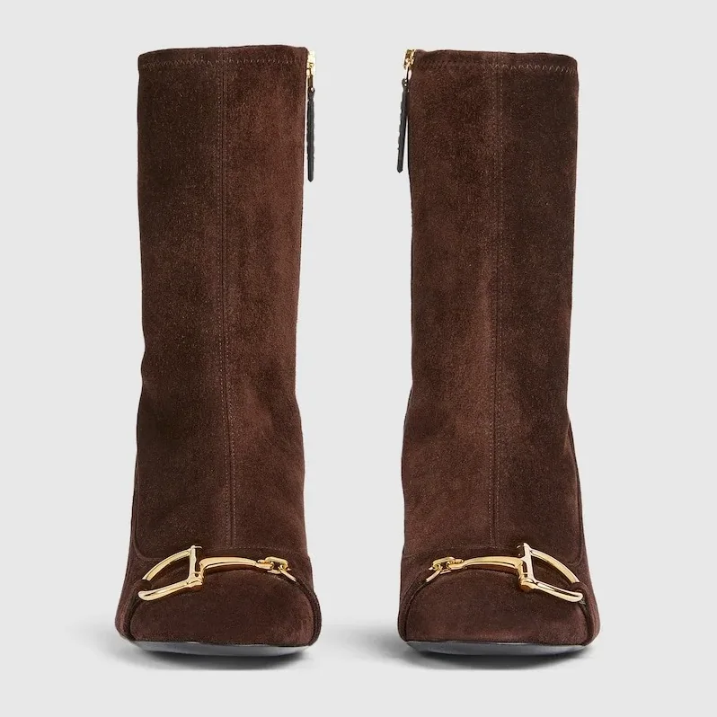 Gucci Ankle Boots With Half Horsebit Dark Brown Suede