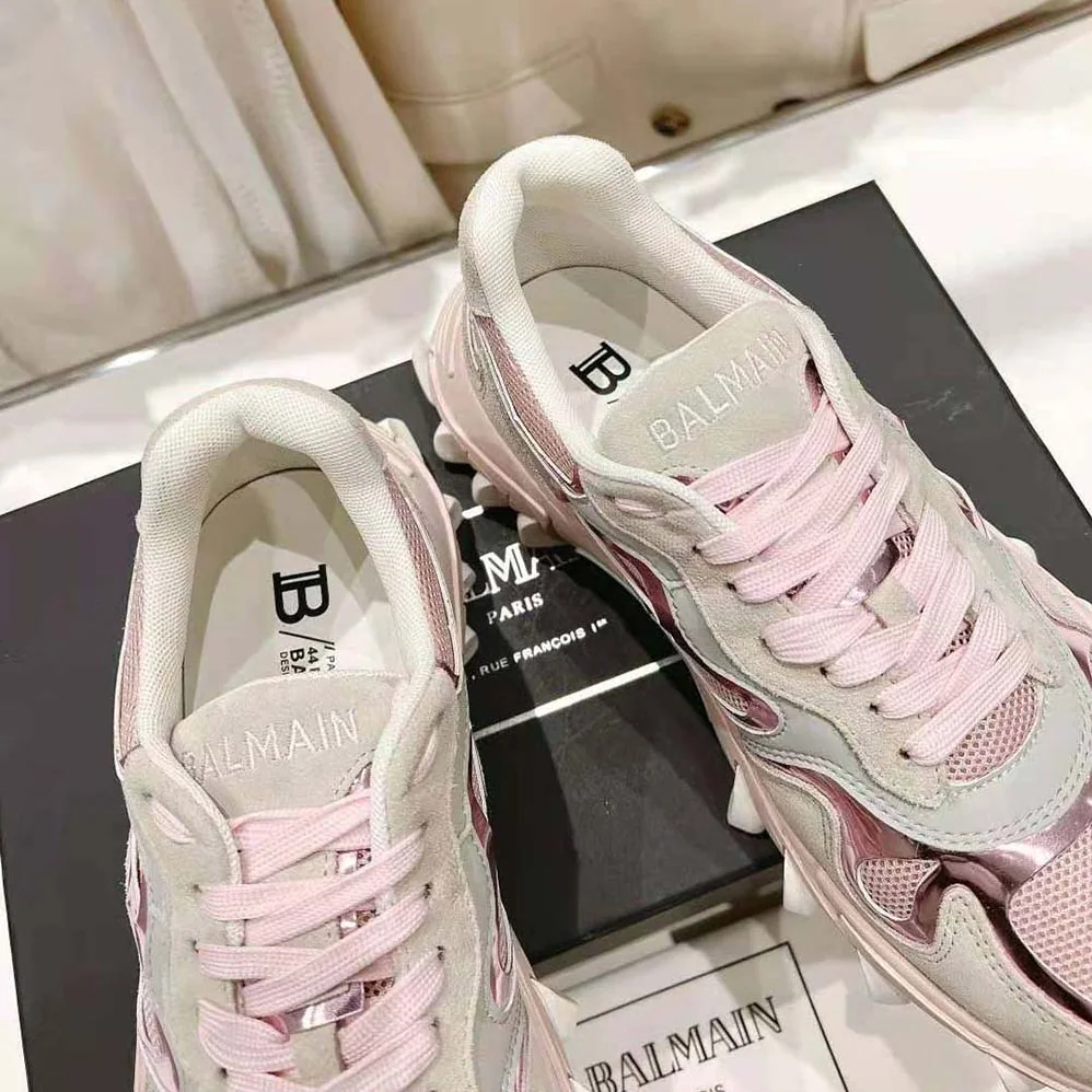 Balmain B-East Trainer in Leather Suede and Mesh for Women in Pink Balmain B-East Trainer in Leather Suede and Mesh for Women in Pink