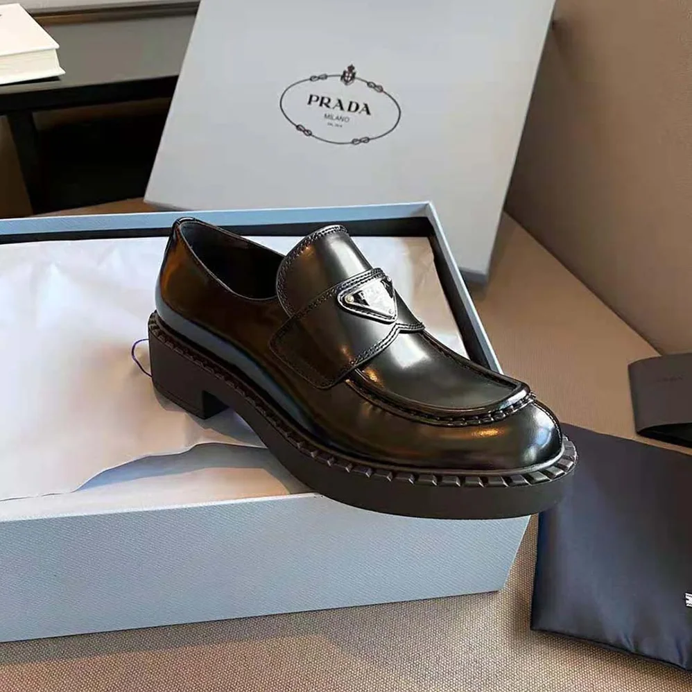 Prada Brushed Leather Loafers for Women in Black