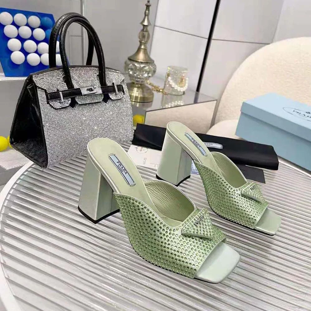 Prada High-heeled Satin Slides with Crystals for Women in Auqa Prada High-heeled Satin Slides with Crystals for Women in Auqa