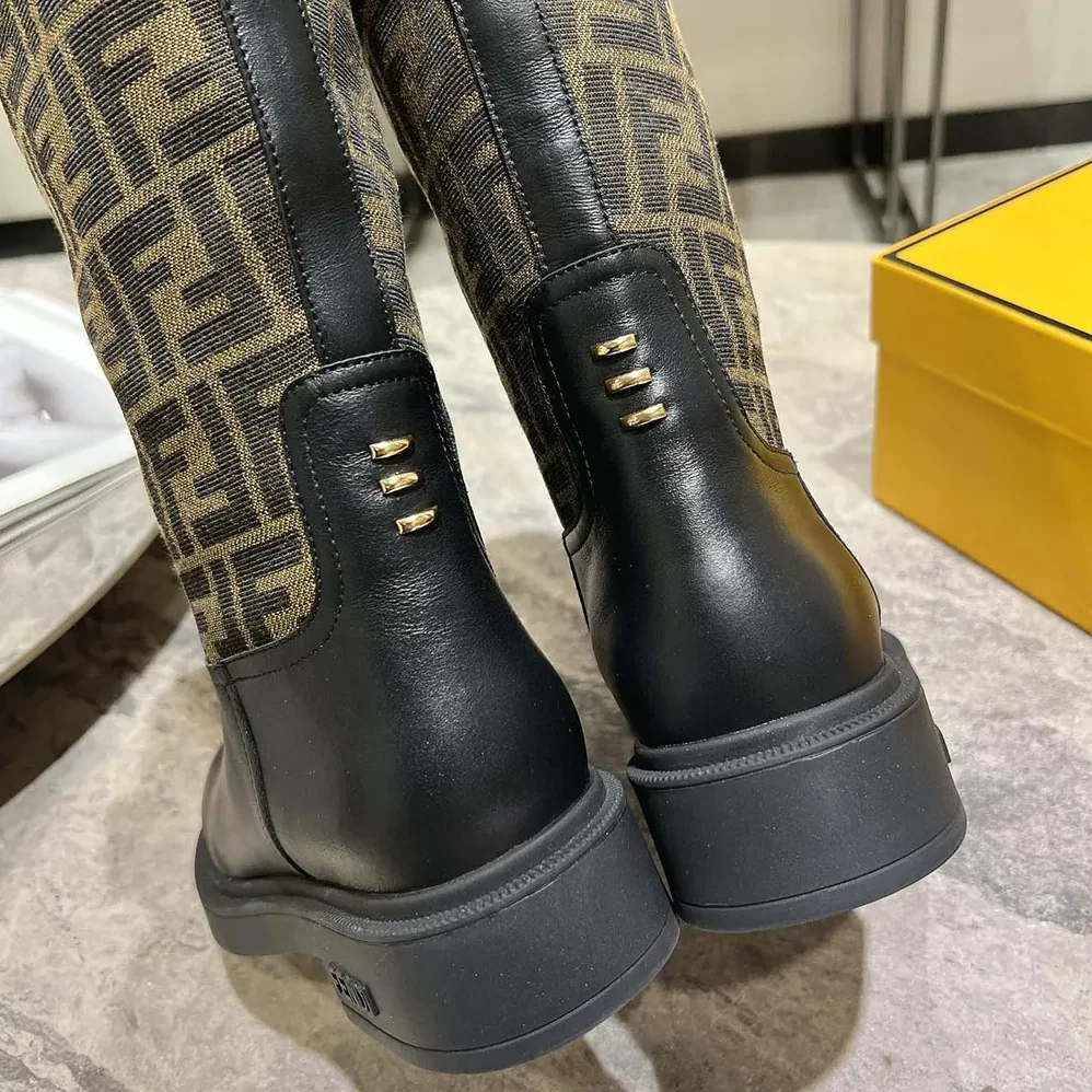 Fendi Filo Black Leather and Brown FF Fabric Boots for Women Fendi Filo Black Leather and Brown FF Fabric Boots for Women