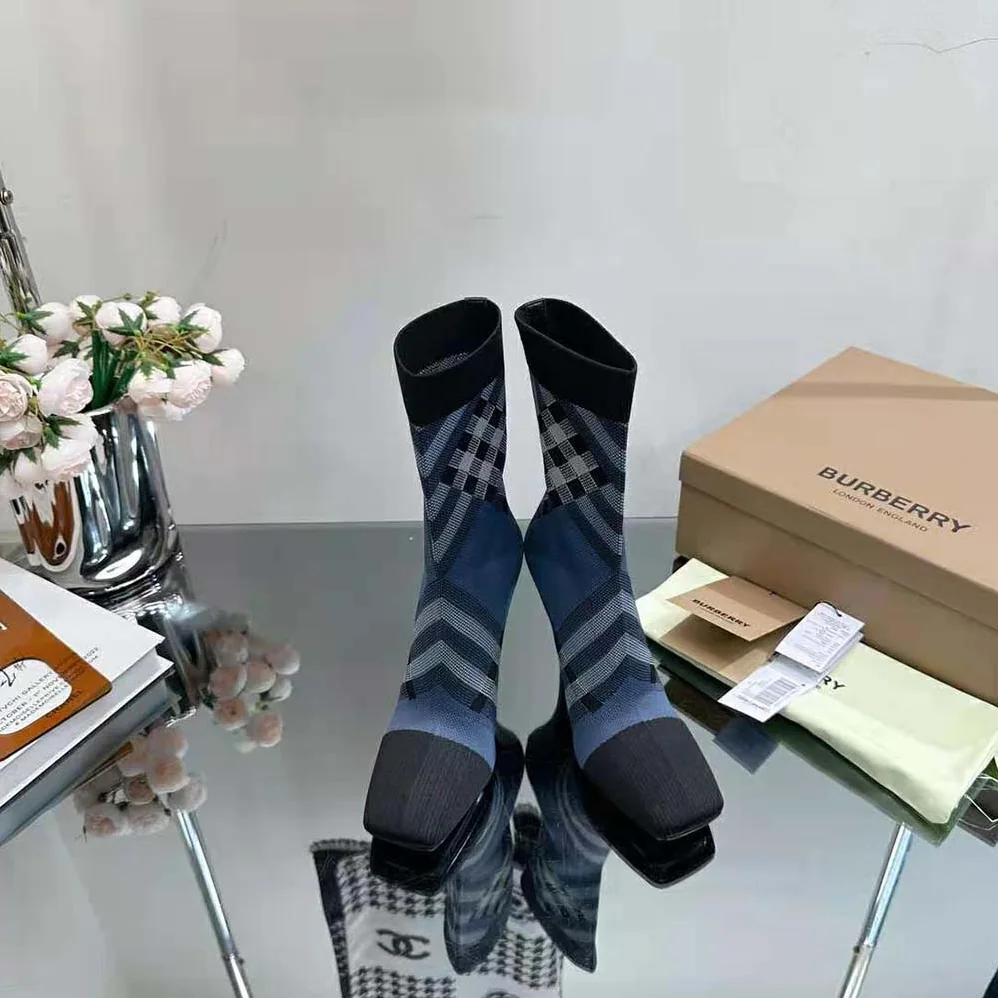 Burberry Knitted Check Sock Boots for Women in Navy Burberry Knitted Check Sock Boots for Women in Navy