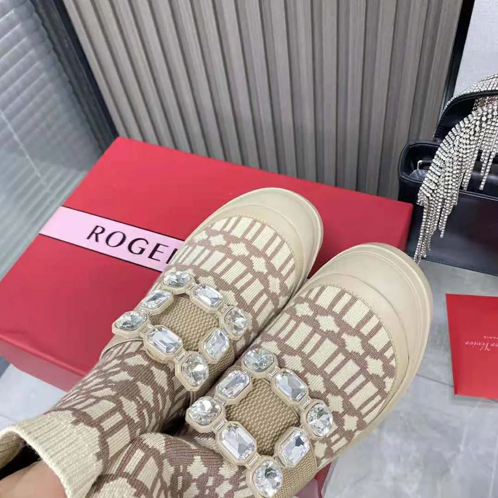 Roger Vivier Walky Viv' Rhinestone Buckle Socks Ankle Boots in Fabric for Women in Beige