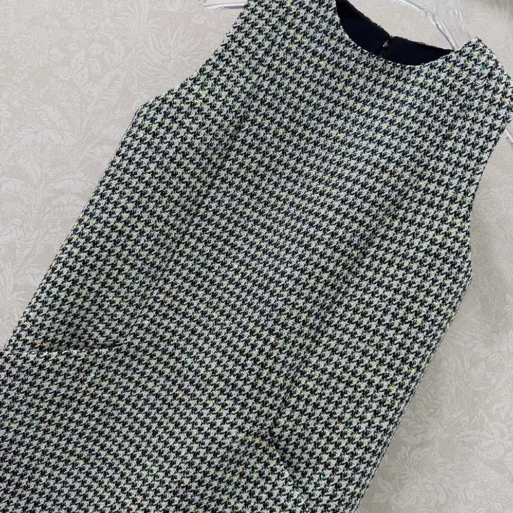 Dior Straight Dress Black and White Houndstooth Virgin Wool Blend with Multicolor Sequins for Women