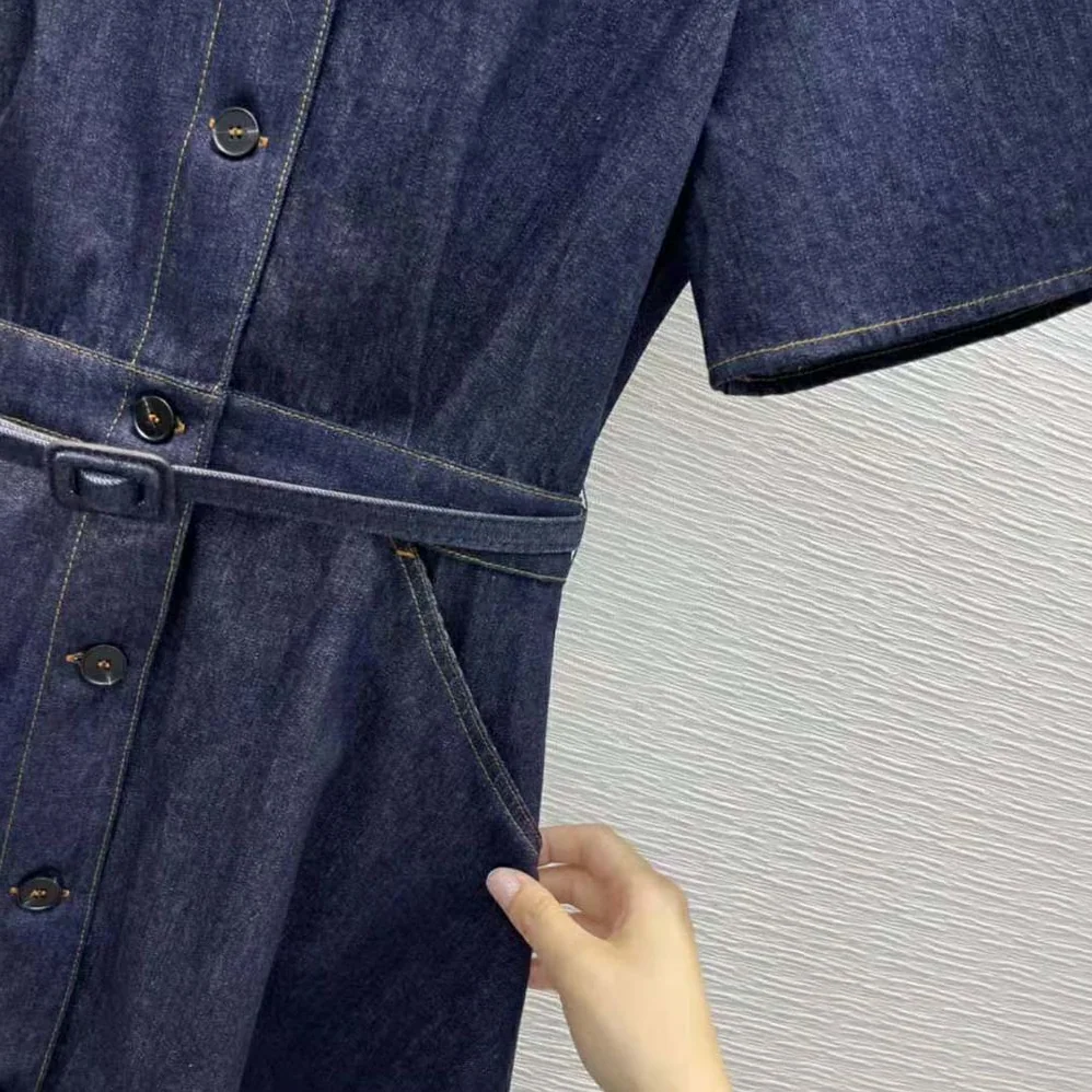 Dior Mid-Length Short-Sleeved Dress Deep Blue Cotton Denim for Women Dior Mid-Length Short-Sleeved Dress Deep Blue Cotton Denim for Women