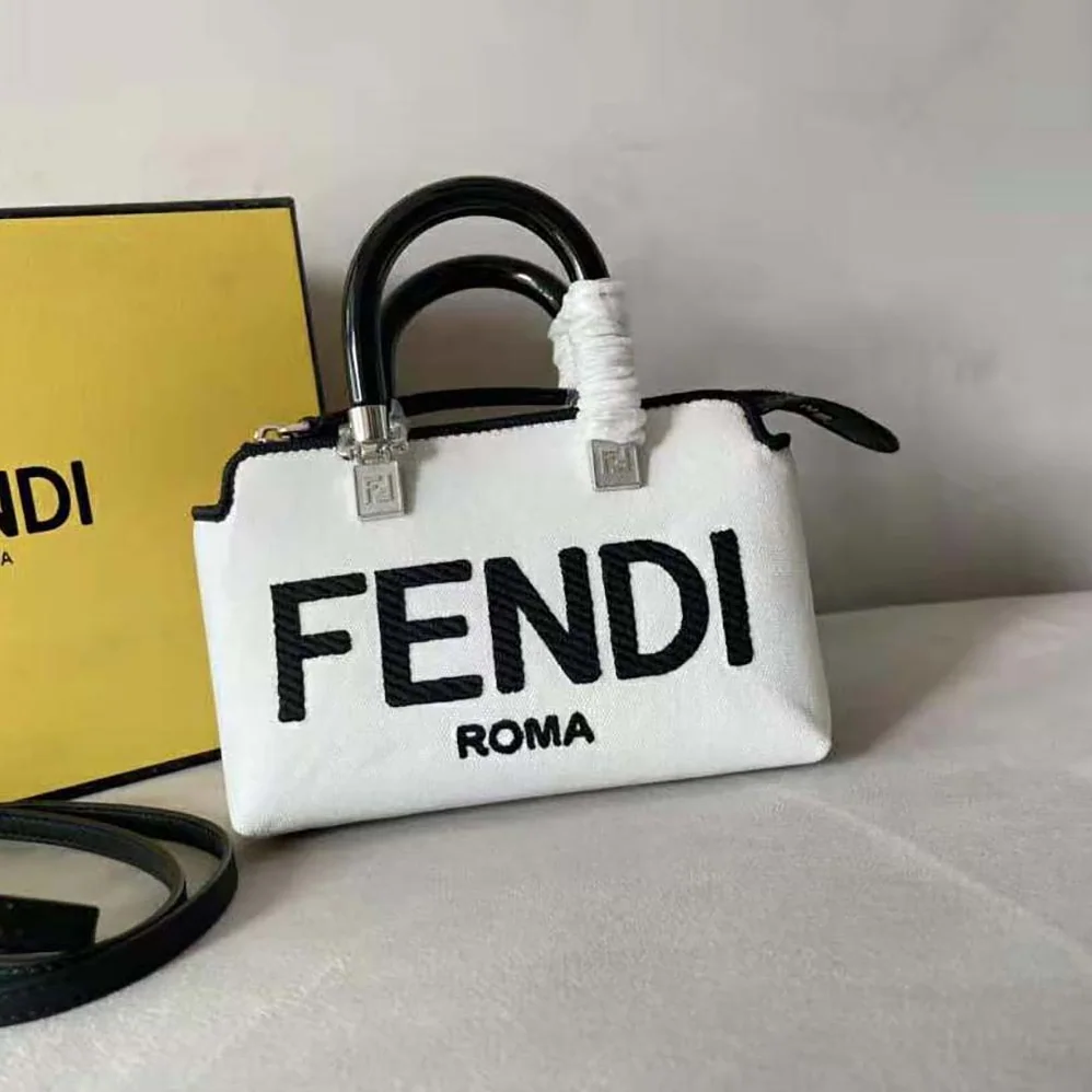 Fendi By The Way Mini White Canvas Small Boston Bag for Women Fendi By The Way Mini White Canvas Small Boston Bag for Women