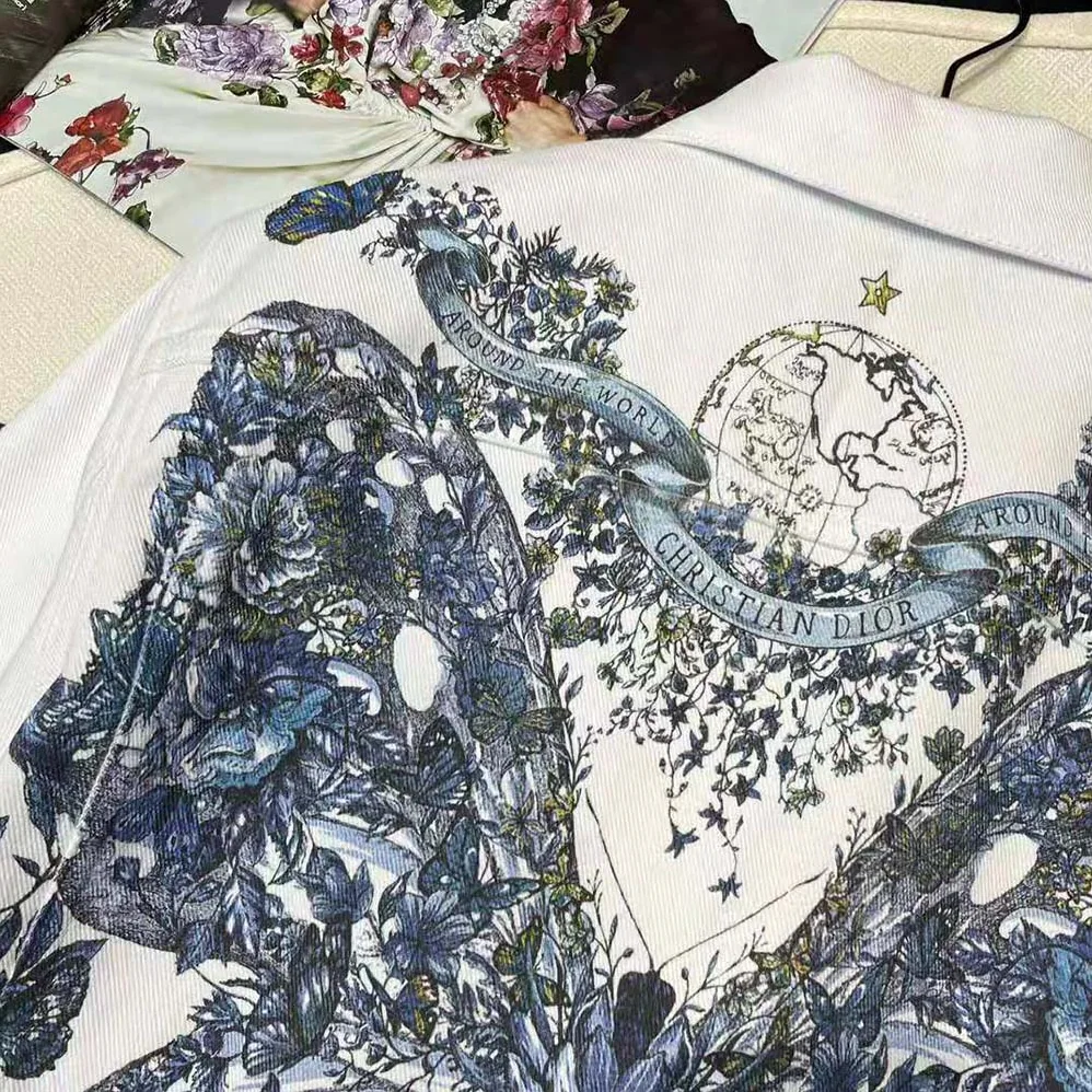 Dior Jacket Ecru Cotton Denim with Multicolor Butterfly Around the World Motif for Women Dior Jacket Ecru Cotton Denim with Multicolor Butterfly Around the World Motif for Women