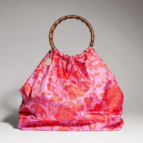 Gucci Silk Maxi With Bamboo Handle Tote Bag in Fuchsia/ Multicolor Gold Hardware Gucci Silk Maxi With Bamboo Handle Tote Bag in Fuchsia/ Multicolor Gold Hardware