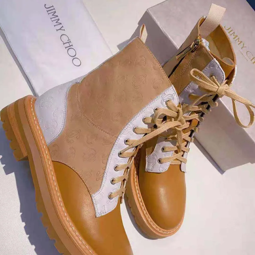 Jimmy Choo Cora Flat Caramel JC Monogram Leather Mix Combat Boots for Women