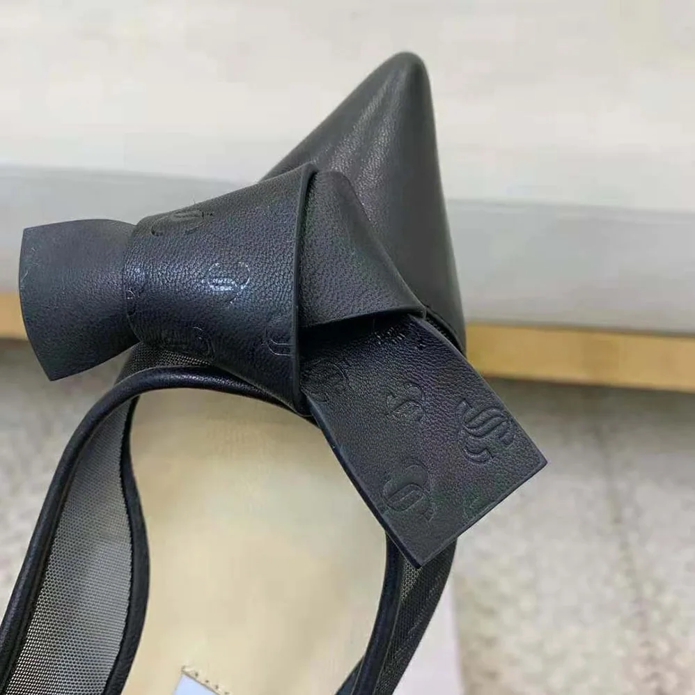 Jimmy Choo Lani Flat Black Mesh Flats with JC Monogram Leather Bow for Women Jimmy Choo Lani Flat Black Mesh Flats with JC Monogram Leather Bow for Women