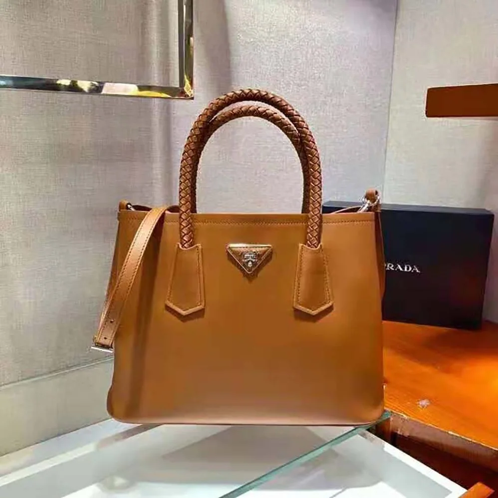 Prada Prada Double Medium Leather Handbag for Women in Brown Prada Prada Double Medium Leather Handbag for Women in Brown