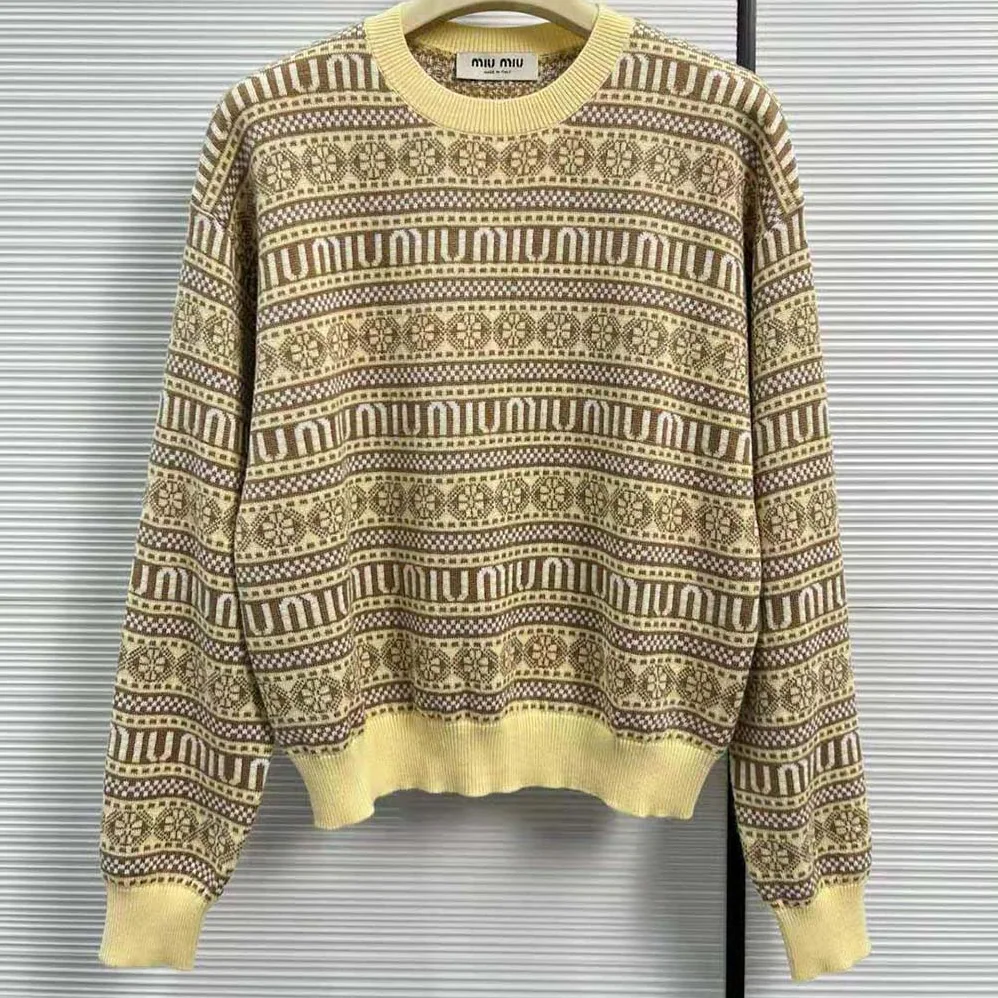 Miu Miu Wool Sweater with Jacquard Logo for Women in Yellow