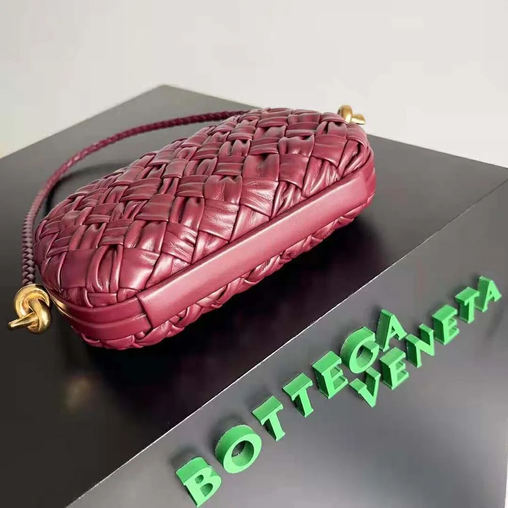 Bottega Veneta Knot On Strap Foulard Intreccio Leather Minaudiere with Strap for Women in Maroon