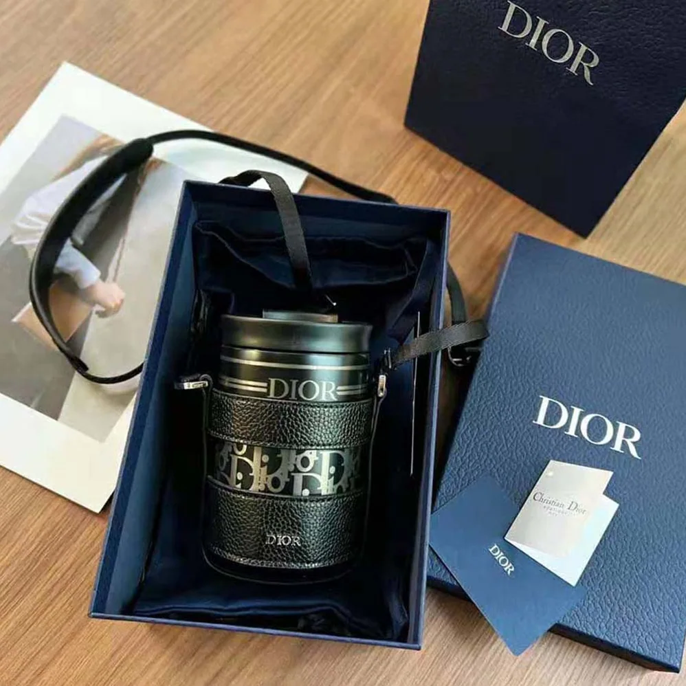 Dior Aqua Mug with Shoulder Strap Black Grained Calfskin and Dior Oblique Stainless Steel for Unisex