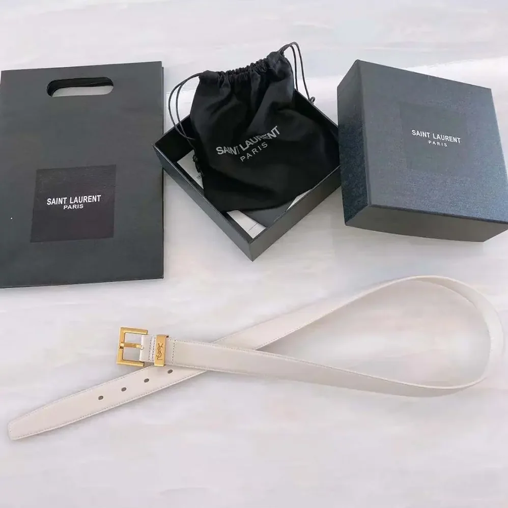 Saint Laurent YSL Cassandre Thin Belt with Square Buckle in Lacquered Leather for Women in White Saint Laurent YSL Cassandre Thin Belt with Square Buckle in Lacquered Leather for Women in White