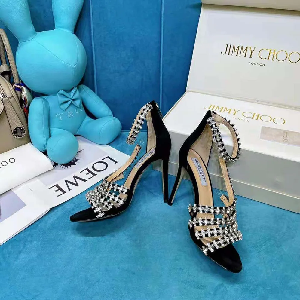Jimmy Choo Josefine 100 Black Suede Sandals with Crystal Embellishment for Women Jimmy Choo Josefine 100 Black Suede Sandals with Crystal Embellishment for Women