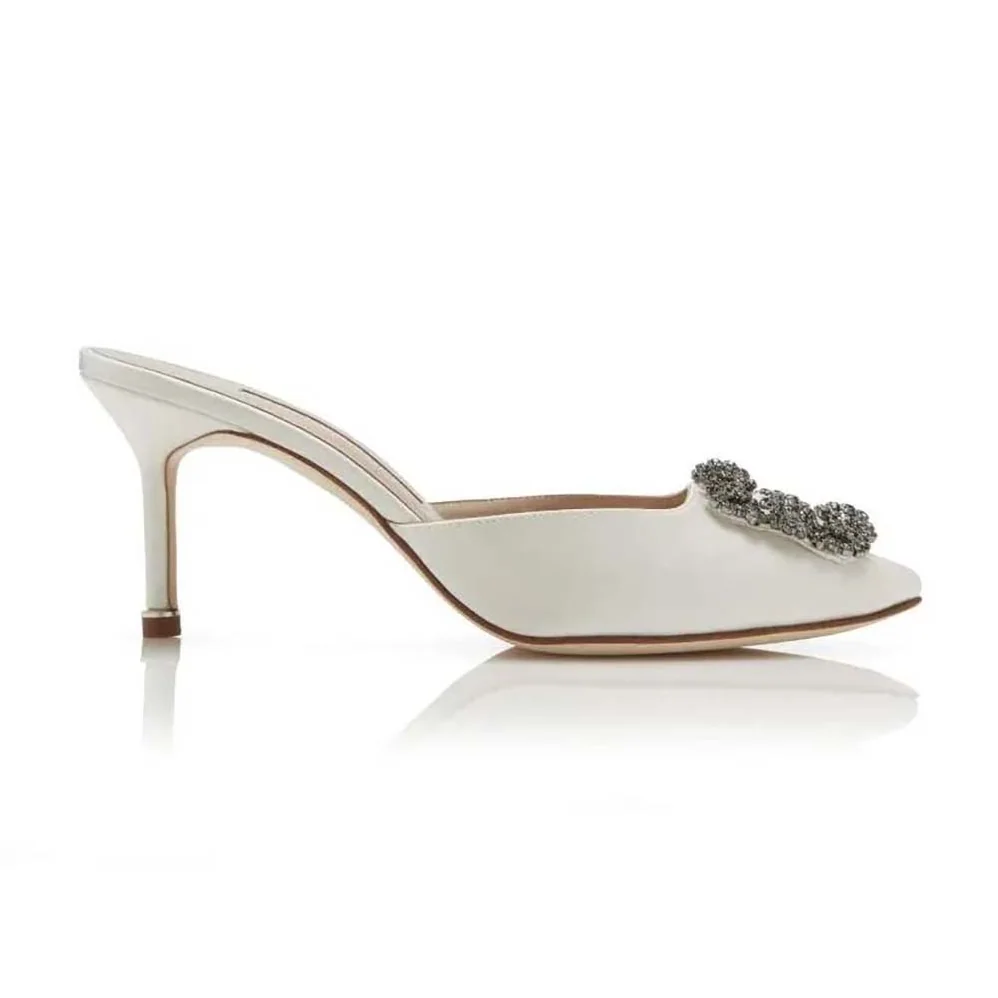 Manolo Blahnik Off-White Satin Jewel Buckle Mules for Women