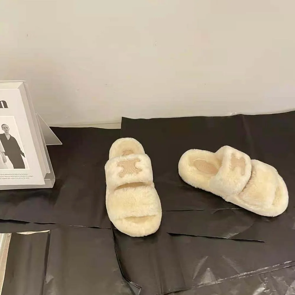 Celine Fur Slides Triomphe Open Slides in Shearling for Women