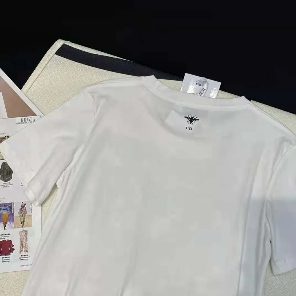 Dior T-Shirt White Cotton and Linen Jersey with Pastel Pink Butterfly Around The World Motif for Women