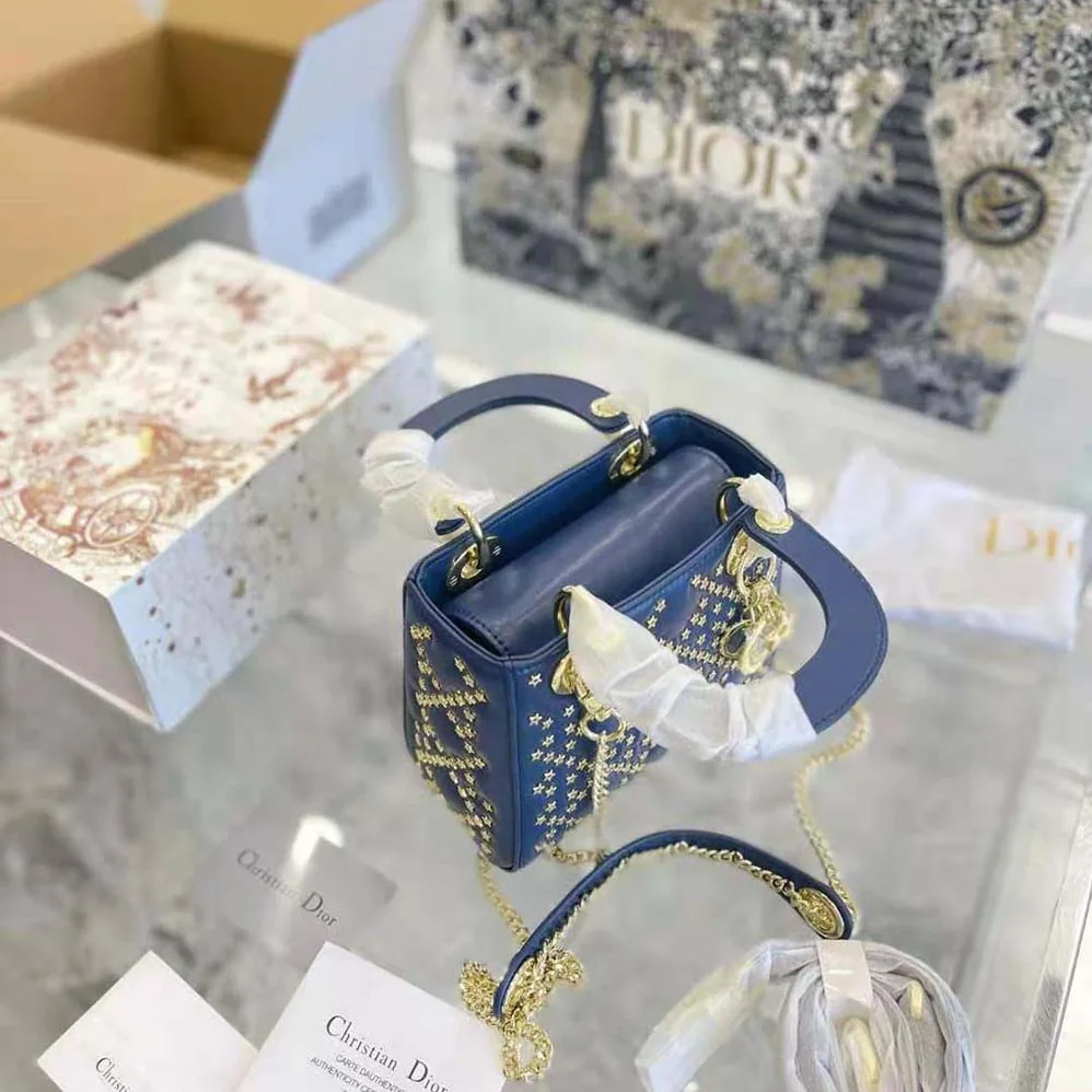 Dior Mini Lady Dior Bag Denim Blue Lucky Star Cannage Lambskin for Women