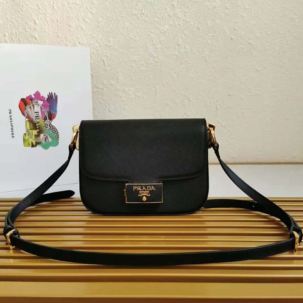 Prada Saffiano Leather Prada Embleme Bag for Women in Black Prada Saffiano Leather Prada Embleme Bag for Women in Black