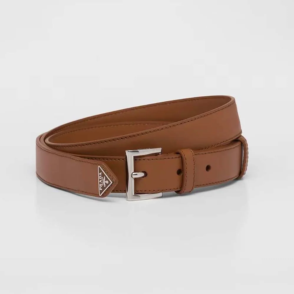 Prada N Leather Belt with Enameled-metal Triangle Logo for Unisex in Brown Prada N Leather Belt with Enameled-metal Triangle Logo for Unisex in Brown