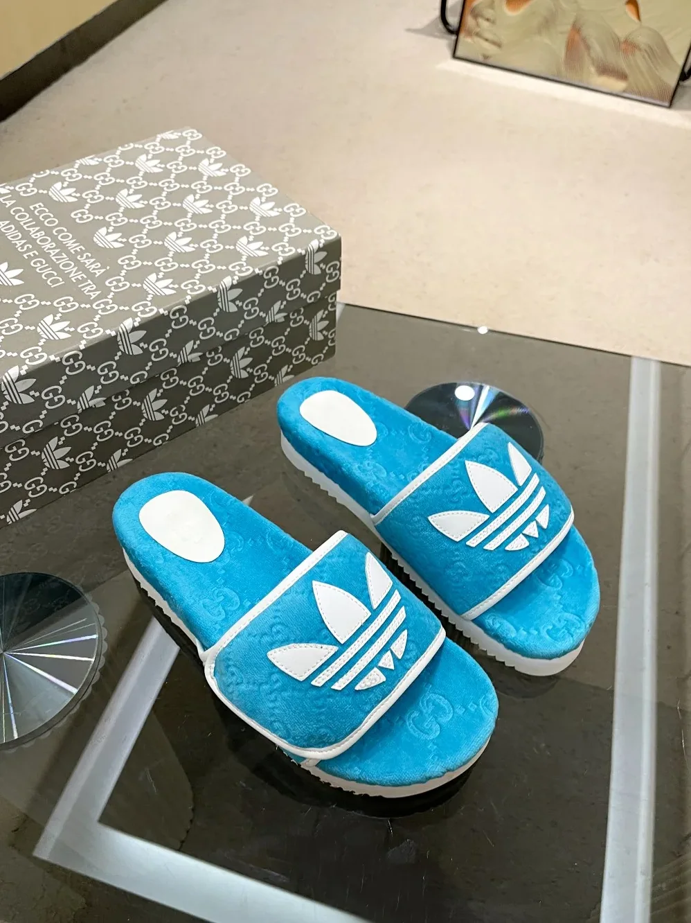 Gucci x Adidas GG Platform Sandal Light Blue for Women