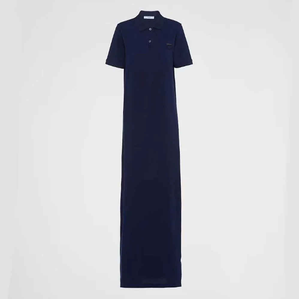 Prada Piqué Midi-dress with Fabric Triangle Logo for Women in Navy