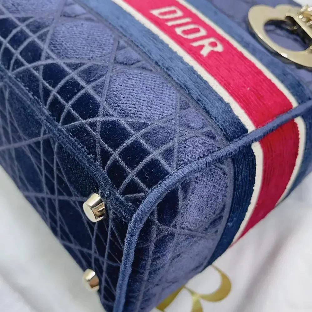 Dior Medium Lady D-lite Bag Blue Velvet Cannage Embroidery for Women Dior Medium Lady D-lite Bag Blue Velvet Cannage Embroidery for Women