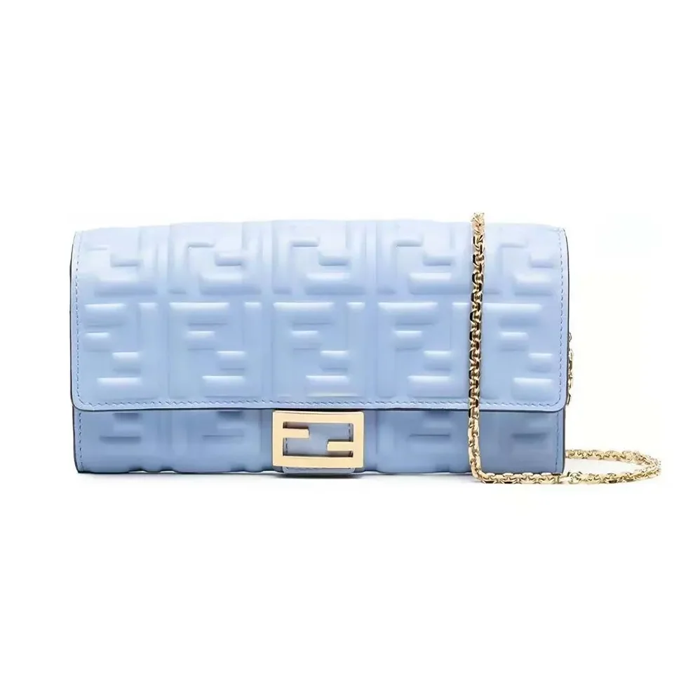 Fendi Baguette Continental Wallet With Chain Blue Nappa Leather Wallet for Women